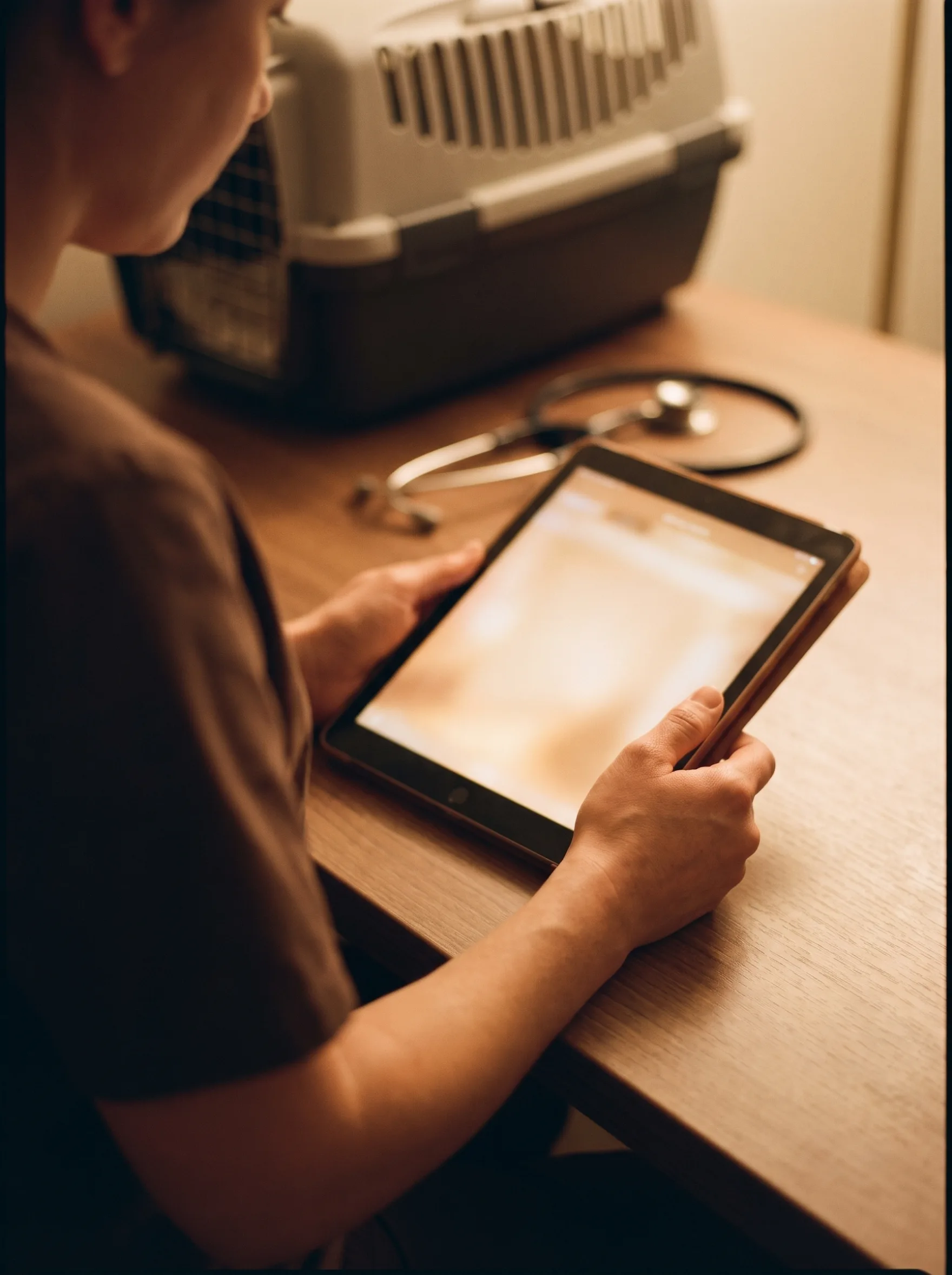 A veterinarian holding a tablet at a consult room bench, a stethoscope and a carrier behind