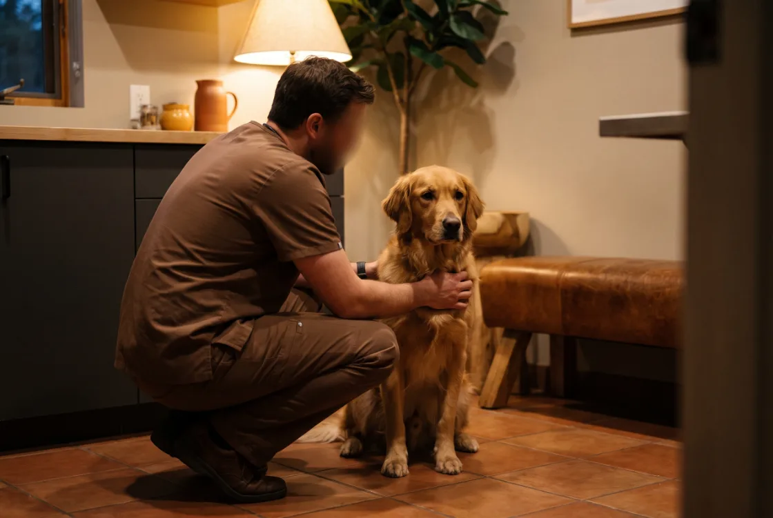 A veterinarian crouched beside a dog in a consult room, talking rather than typing